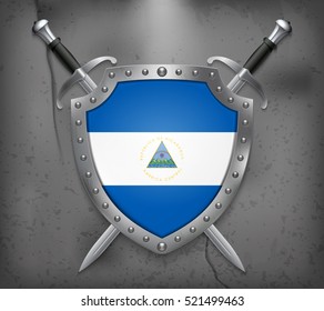 Flag of Nicaragua. The Shield Has Flag Illustration. Two Crossed Swords that are Behind the Shield. Vector Medieval Background
