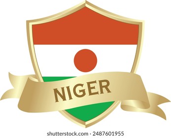 Flag of niger as around the metal gold shield with niger flag