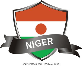 Flag of niger as around the metal silver shield with niger flag