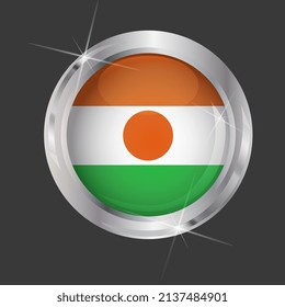 Flag of Niger in circle. 3D effect. Glossy and shiny button with metal frame and sparkles. Light reflection. Round Graphic design element. Isolated on gray background. Vector image EPS10