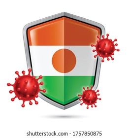 Flag of Niger on Metal Shiny Shield Icon and Red Corona Virus Cells. Concept of Health Care and Safety Badge. Security Safeguard Metal Label with Nigerien flag