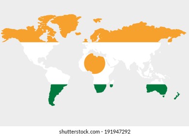 The flag of Niger in the outline of the world