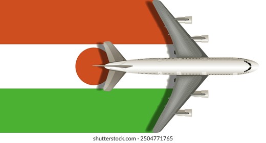 Flag of Niger with a plane flying over it close up. Vector image.