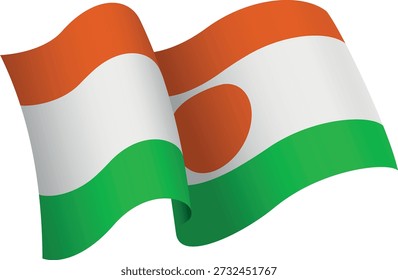 Bandeira do Níger. Bandeira estilo fita que transmite uma sensação de movimento e efeito de ondulação. As curvas elegantes e sombreamento realista criam uma sensação de movimento. Ideal para projetos internacionais, materiais de viagem e apresentações culturais.