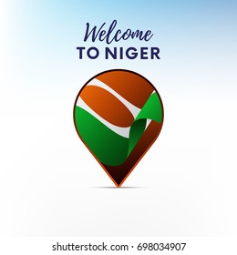 Flag of Niger in shape of map pointer or marker. Welcome to Niger. Vector illustration.