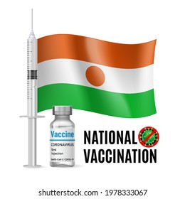 Flag of Niger with Vaccine Immunization Syringe and the Vial of Antibiotic for Vaccination. Concept of Health Care and National Vaccination with Nigerien flag