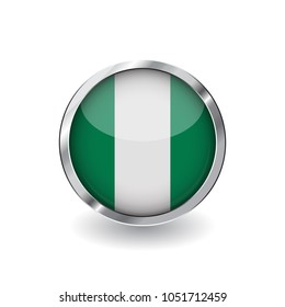 Flag of nigeria, button with metal frame and shadow. nigeria flag vector icon, badge with glossy effect and metallic border. Realistic vector illustration on white background.