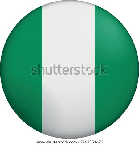 Flag of Nigeria. Glossy circular flag. Button appearance. 3D Icon Design with depth. Professional, tactile look. Perfect for representing national identity in digital interfaces and perfect for websites