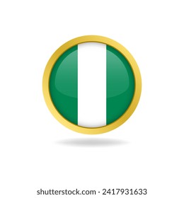 Flag of Nigeria with golden frame, circle round glossy button, vector design, editable eps file