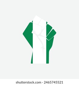 Flag of Nigeria in the shape of raised hand sign isolated on background. Fist symbol modern, simple, vector, icon for website design, mobile app, ui. Vector Illustration