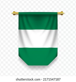 Bandera de Nigeria. Ilustración vectorial de una bandera vertical colgante sobre un fondo transparente (PNG). 