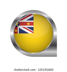 Flag of Niue, location map pin, pointer flag, button with the reflection of light and shadow, silver frame, Icon country. Realistic vector illustration on white background.