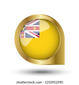 Flag of Niue, location map pin, pointer flag, button with the reflection of light and shadow, gold frame, Icon country. Realistic vector illustration on white background.