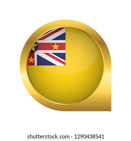 Flag of Niue, location map pin, pointer flag, button with the reflection of light and shadow, gold frame, Icon country. Realistic vector illustration on white background.