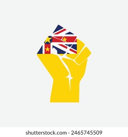 Flag of Niue in the shape of raised hand sign isolated on background. Fist symbol modern, simple, vector, icon for website design, mobile app, ui. Vector Illustration