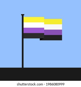 Flag of non-binary and nonbinary sex and gender with no binary sexual identity. Vector illustration of flagpole and flagpost with wavy flag.