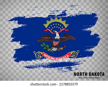Flag of North Dakota from brush strokes. United States of America.  Flag State of North Dakota with title on transparent background for your web site design, app, UI. USA. Vector illustration. EPS10.