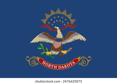 Bandera de Dakota del Norte símbolo oficial del estado federal de Estados Unidos. Bandera federal de Dakota del Norte con escudo de armas del estado en la Ilustración vectorial de campo azul