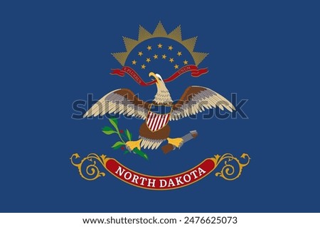 Flag of North Dakota official symbol of USA federal state. Full frame federal flag of North Dakota with state coat of arms on blue field vector illustration