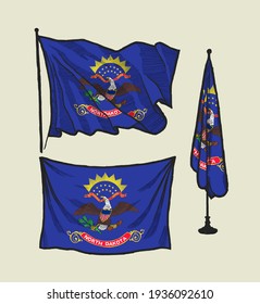 Flag of North Dakota on the wind and on the wall hand drawn illustration set.