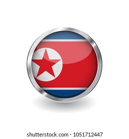 Flag of north korea, button with metal frame and shadow. north korea flag vector icon, badge with glossy effect and metallic border. Realistic vector illustration on white background.