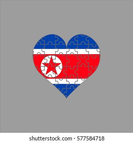 Flag of North Korea in the form of heart puzzle on gray background. Vector illustration