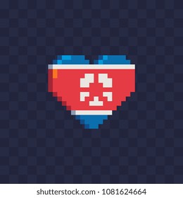Flag of North Korea in heart shape pixel art icon, North Korean national symbol of love. Embroidery, sticker, mobile app and logo design. 8-bit. Isolated vector illustration.