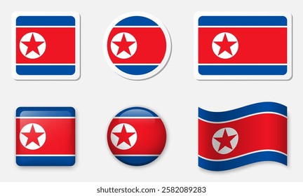 Flag of North Korea icons collection. Flat stickers and 3d realistic glass vector elements on white background with shadow underneath.