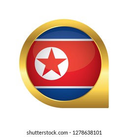 Flag of North Korea, location map pin, pointer flag, button with the reflection of light and shadow, gold frame, Icon country. Realistic vector illustration on white background.