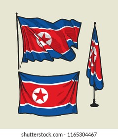 Flag of North Korea on the wind and on the wall illustration set