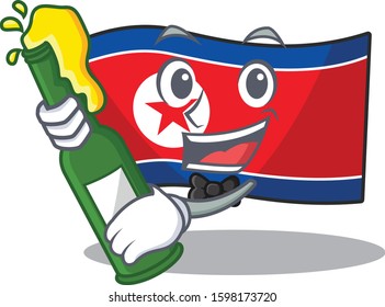 Flag north korea Scroll with bottle of beer mascot cartoon style