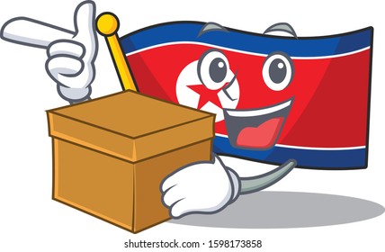Flag north korea Scroll cartoon character bringing a box