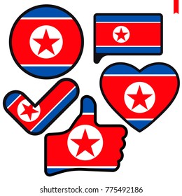 Bandera de Corea del Norte en forma de Button, Heart, Like, Check mark, Flat style, símbolo de amor por su país, patriotismo, icono del Día de la Independencia.