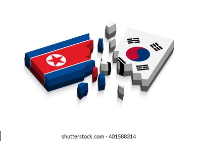 Flag of north korea and south korea 3D ( damaged flags ) ( three dimension vector )