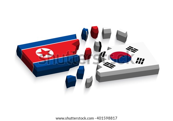 Flag of north korea and south korea 3D\
( damaged flags ) ( three dimension vector\
)