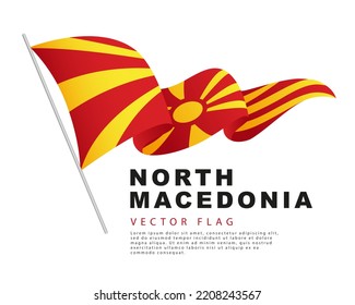 The flag of North Macedonia hangs on a flagpole and flutters in the wind. Vector illustration isolated on white background. Colorful logo of the Macedonian flag.