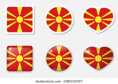 Flag of North Macedonia icons collection. Flat stickers and 3d realistic glass vector elements on white background with shadow underneath.