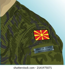 Flag of North Macedonia on soldier arm. Army of North Macedonia	