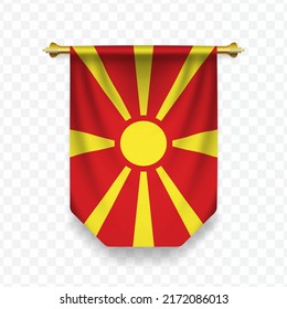 Flag of North Macedonia. Vector illustration of a vertical hanging flag on a transparent background (PNG).