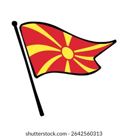 Flag of North Macedonia. North Macedonia flag vector illustration icon design in the hand-drawn style. Fluttering flagpole flag.