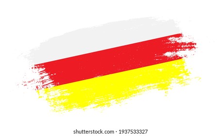 Flag of North Ossetia country on brush paint stroke trail view. Elegant texture of national country flag