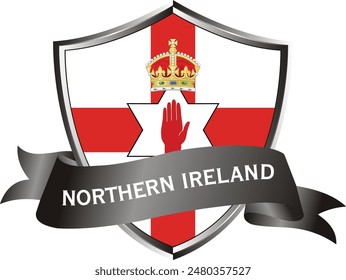 Flag of northern ireland as around the metal silver shield with northern ireland flag