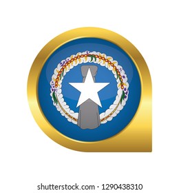 Flag of Northern Mariana Islands, location map pin, pointer flag, button with the reflection of light and shadow, gold frame, Icon country. Realistic vector illustration on white background.