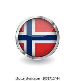 Flag of norway, button with metal frame and shadow. norway flag vector icon, badge with glossy effect and metallic border. Realistic vector illustration on white background.