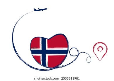 Flag of Norway. Heart, love romantic travel. Symbol of airplane, air plane, aircraft, aeroplane, flying, fly jet airline. Line path. Vector location pointer route. Travel for your design, logo, EPS10.