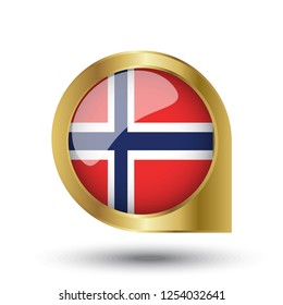 Flag of Norway, location map pin, pointer flag, button with the reflection of light and shadow, gold frame, Icon country. Realistic vector illustration on white background.