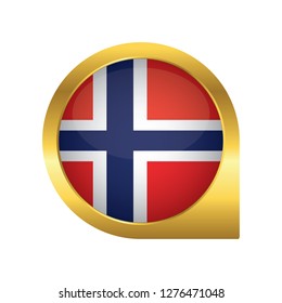 Flag of Norway, location map pin, pointer flag, button with the reflection of light and shadow, gold frame, Icon country. Realistic vector illustration on white background.