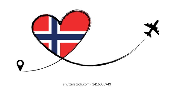 Flag Norway, Norge, Noreg. Heart, love romantic travel. Symbol of  airplane, air plane, aircraft, aeroplane, flying, fly jet airline. Line path. Vector location pointer route. Travel. 