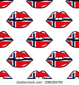 The flag of Norway on the lips pattern. Vector illustration national flag to Independence Day on the lips of Norway.  