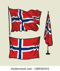 Flag of Norway on the wind and on the wall - vector drawing illustration set